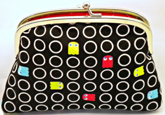 Retro Coin Purse, 80s Pacman Arcade Game Frame Wallet Black And Red Polka Dots - Geek