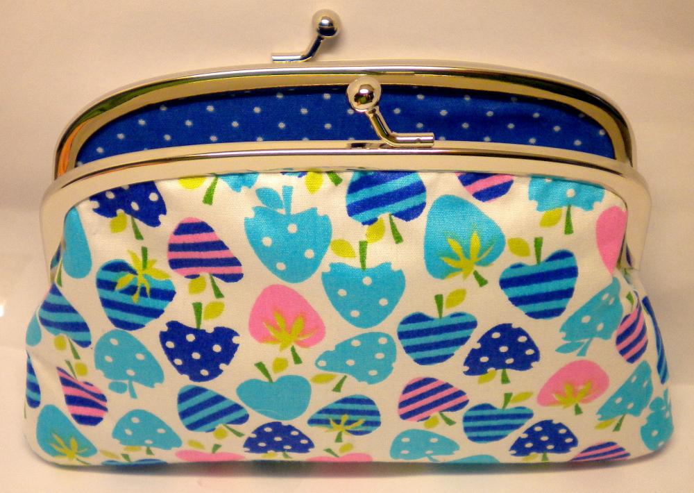 Kiss Clasp Frame Coin Purse Made With Blue Strawberry Fabric In Two Compartments Eg. 2 Sections- Polka Dots