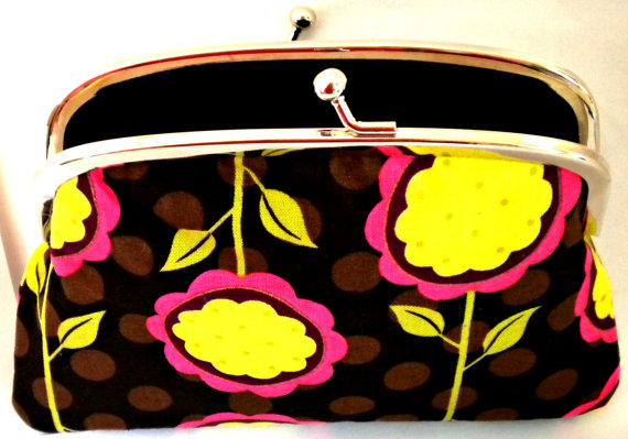 Black Coin Purse With Flowers, 2 Section Metal Frame And Kiss Lock -michael Miller Fabric