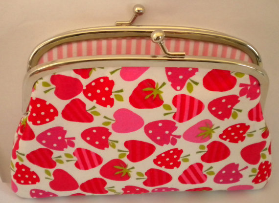 Coin Purse - Pink Strawberry Kawaii, Metal Frame With Divider And 2 Sections- Candy Stripes